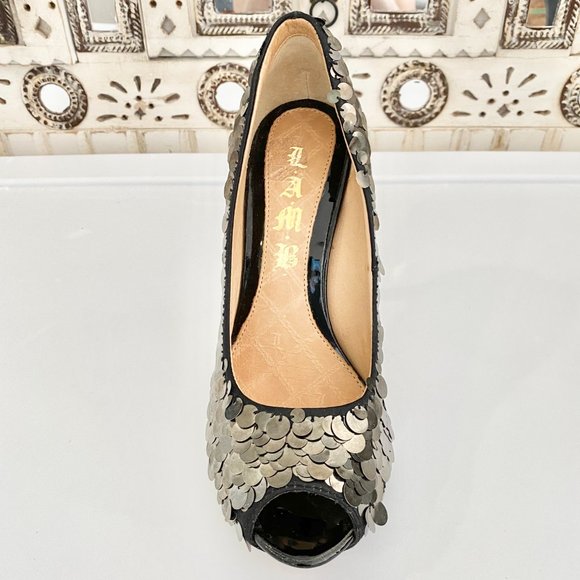 NWT L.A.M.B. Paillette Peep Toe Stilettos Sz 7M - Picture 4 of 12
